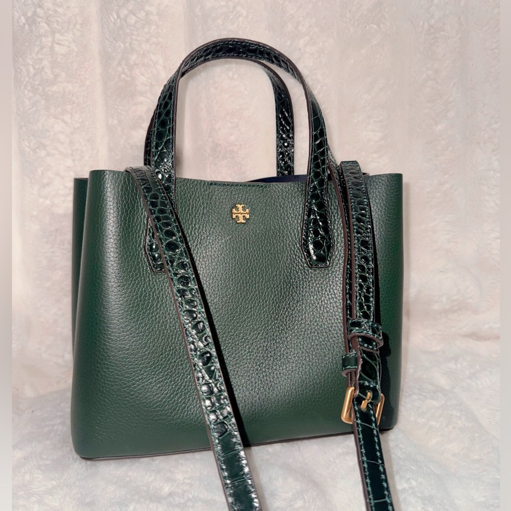 Tory Burch Perry Small Triple Compartment Tote Green Croc Embossed Leather